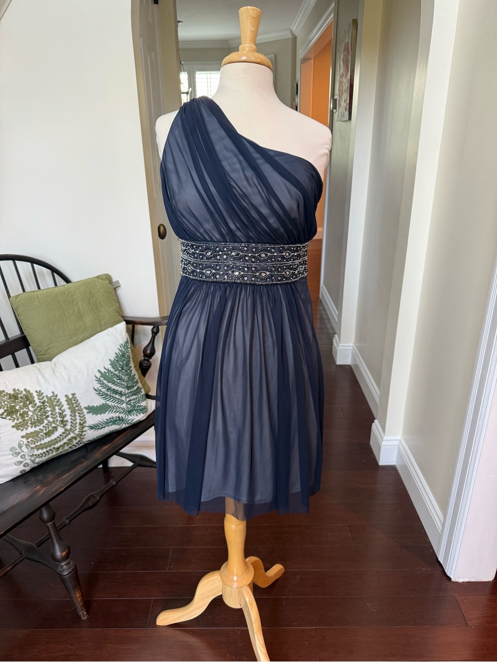 Jessica Howard One-Shoulder Navy Chiffon Dress with Beaded Waistband
